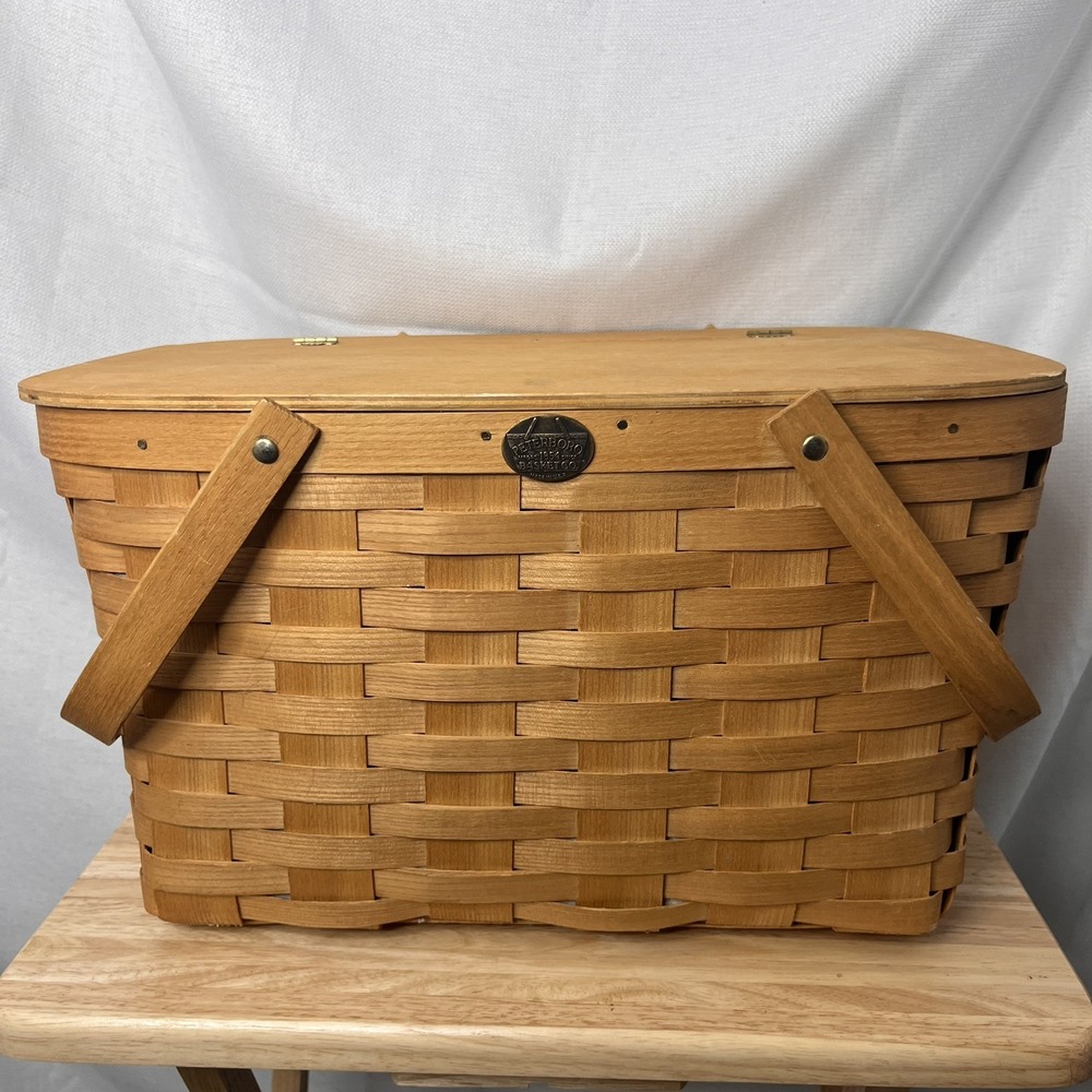 Vintage Woven Wood Picnic Basket Lid Rustic Farmhouse Picnic Grandmacore